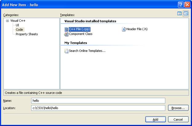 Visual C++ 2008 Add New Item Page